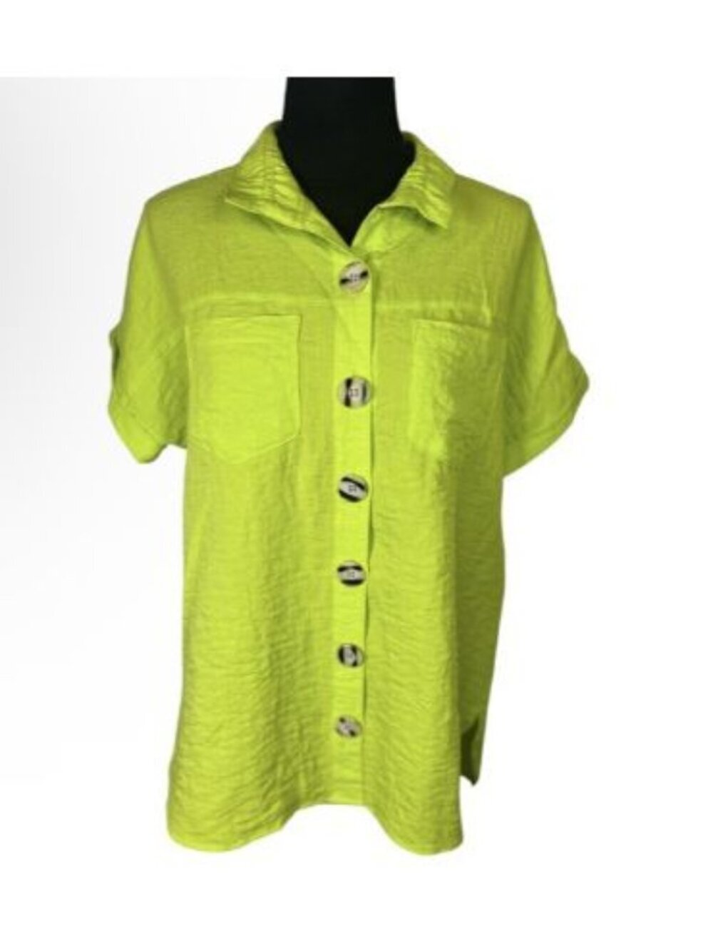 John Mark Woven Top Wire Collar Button Front Bud Green Sz S Oversize Lime Pocket